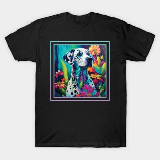 Derpy Dalmatian Dog Floral Vibrant Tropical Digital Oil Painting Pet Portrait T-Shirt